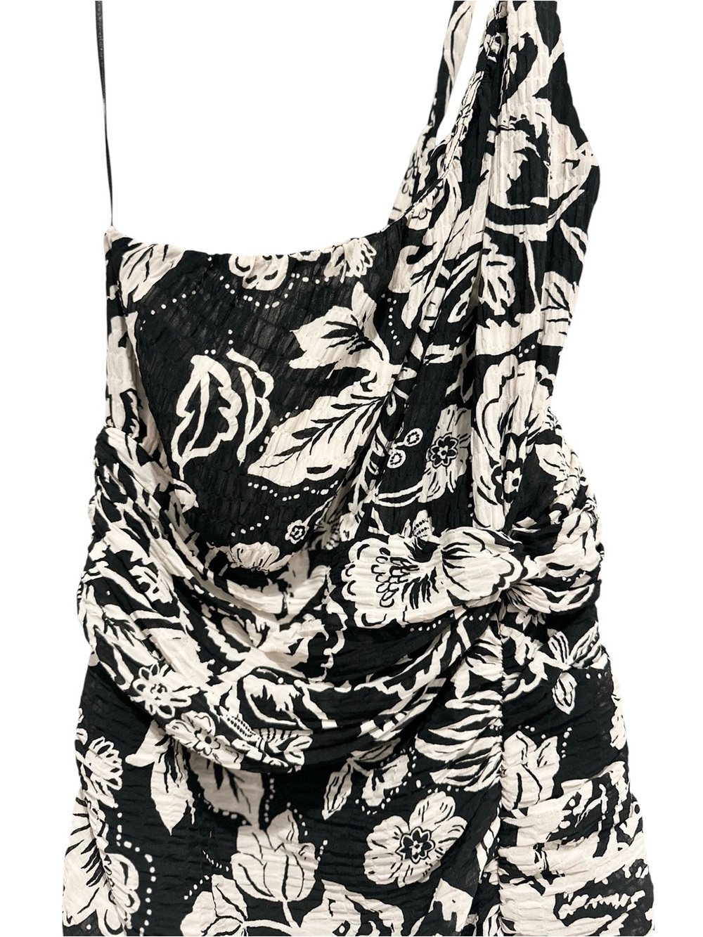 NWT ZARA One Shoulder Floral Black & White Ruched Mini Dress Medium - Picture 4 of 8